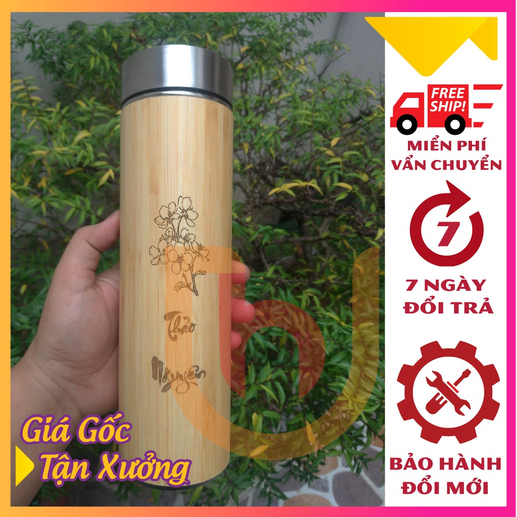 Bình giữ nhiệt vỏ gỗ 450ml khắc hình – khắc tên – khắc logo theo yêu cầu