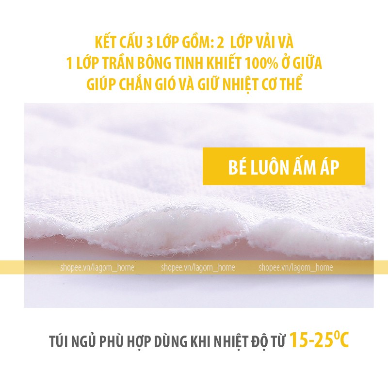[15-25độ] Túi Ngủ Cho Bé Cotton Trần Bông Ấm Áp, Dạng Áo (Video + Ảnh Thật)