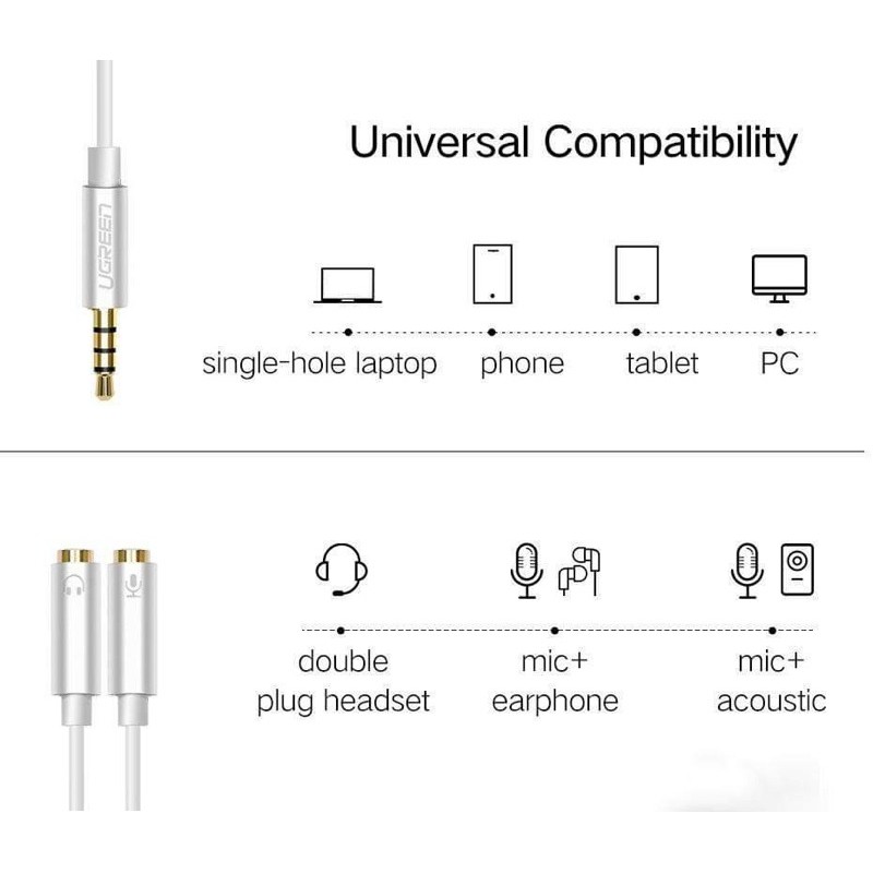 Cáp chuyển Audio 3.5mm sang 1 đầu Audio 3,5mm, 1 đầu Microphone Ugreen 10789