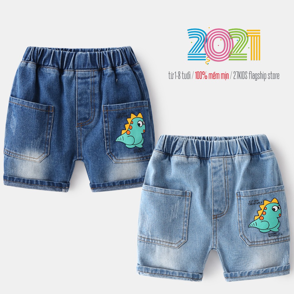 Quần Jean cho bé WELLKIDS quần short Jean họa tiết khủng long chất bò mềm hàng xuất Âu Mỹ