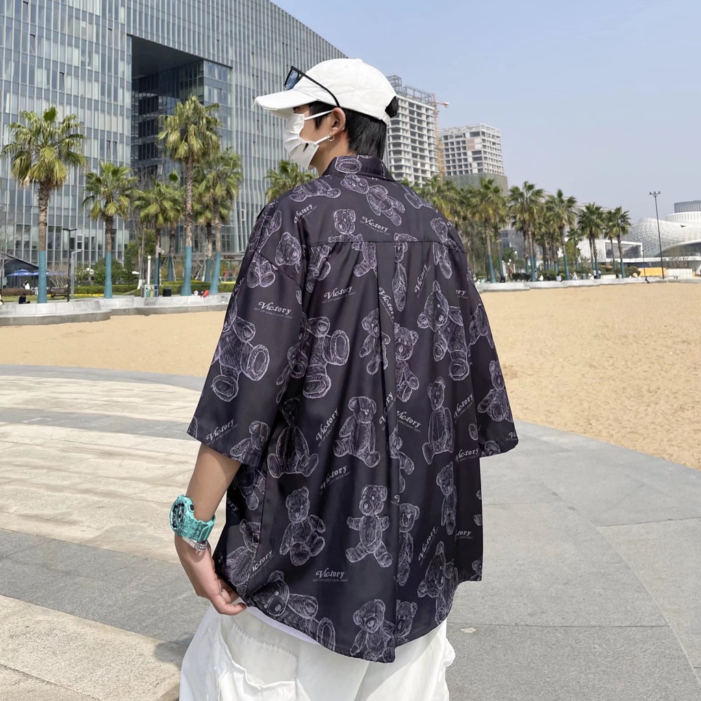 Short Sleeve Shirt With Cartoon Bear Pattern High Quality Korean Style Summer Fashion 2022 For Men