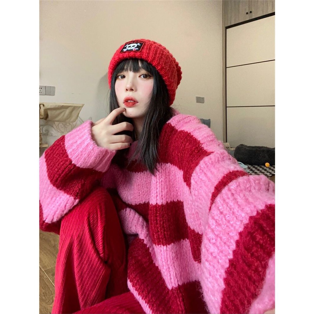 Áo Sweater Cổ Tròn Dáng Rộng Kẻ Sọc Đỏ Phong Cách Nhật Bản Trẻ Trung