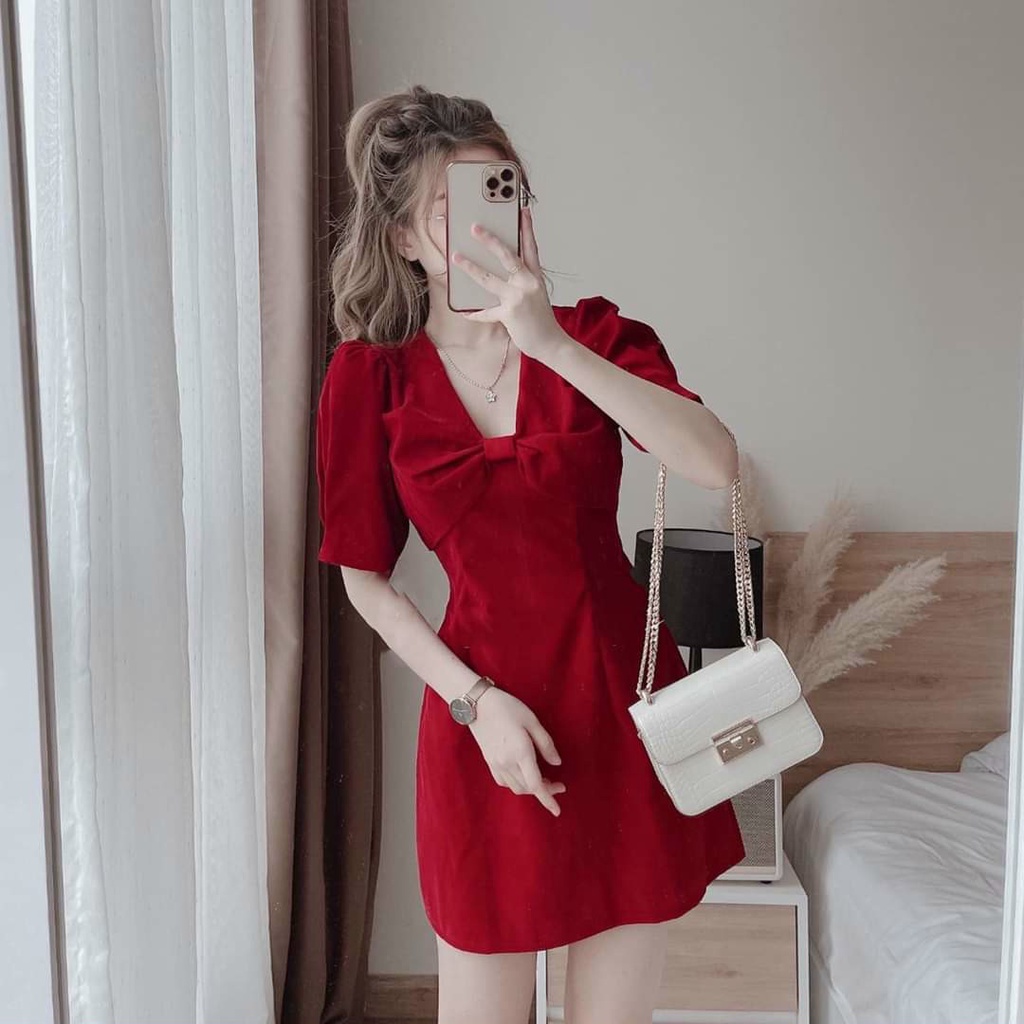 Đầm Dáng Xòe ❤️FREESHIP❤️ Cổ V Tay Ngắn Nơ Ngực