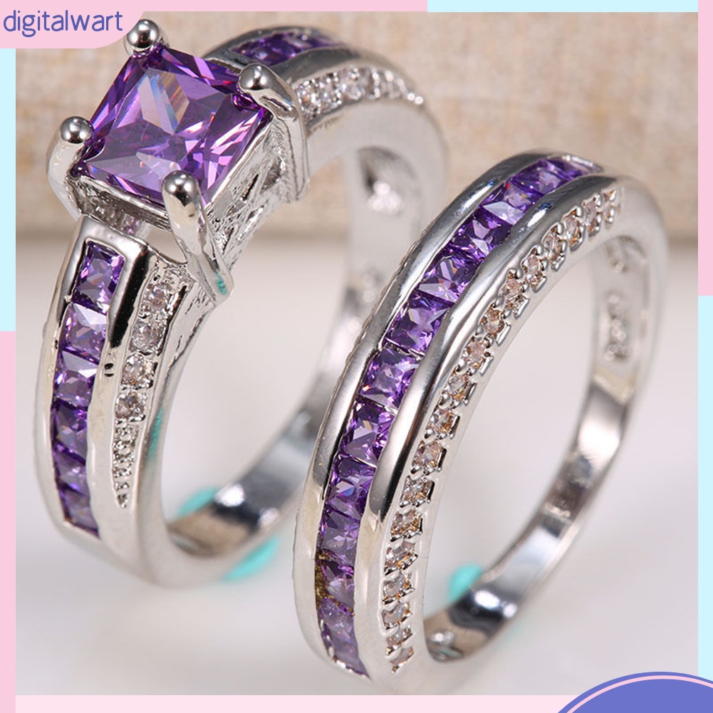Set 2 nhẫn mặt vuông đính đá thạch anh tím