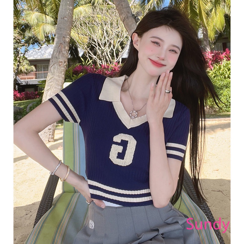 Áo Croptop Dệt Kim Cổ Polo Kẻ Sọc In Chữ Thời Trang Mùa Hè Cho Nữ