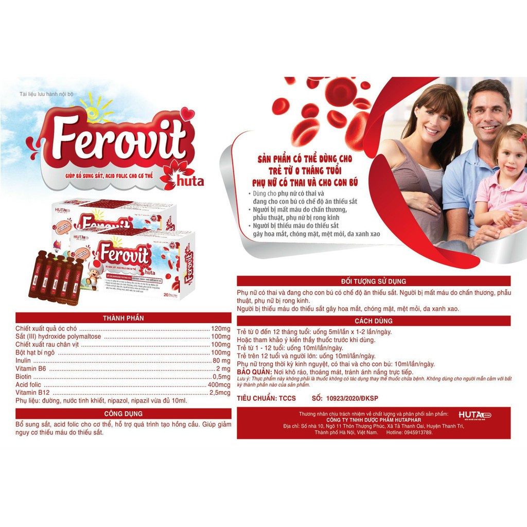 Siro FEROVIT Huta bổ sung sắt, acid folic cho bà bầu, vị dưa gang, không nóng, không táo bón hộp 20 ống