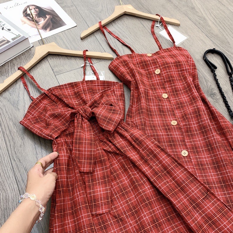 Váy Hai Dây Kẻ Ô Quảng Châu Ulzzang Hàn Quốc Cực Xinh Giá Rẻ- Hàng sẵn- Váy kẻ đỏ hở lưng