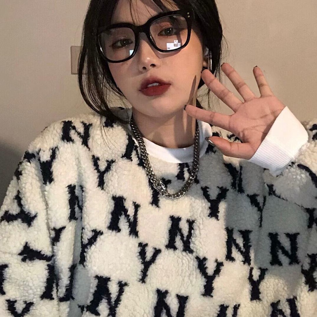Áo sweater lông cừu in chữ nhuộm màu kiểu Hàn Quốc dễ thương cho nữ# Plus áo khoác lót nhung dày dặn phong cách phương tây