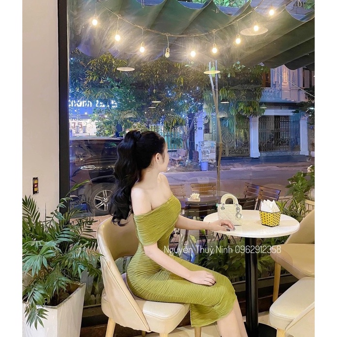 Váy body sóng nhăn trễ vai dáng dài siêu tôn dáng mã V125