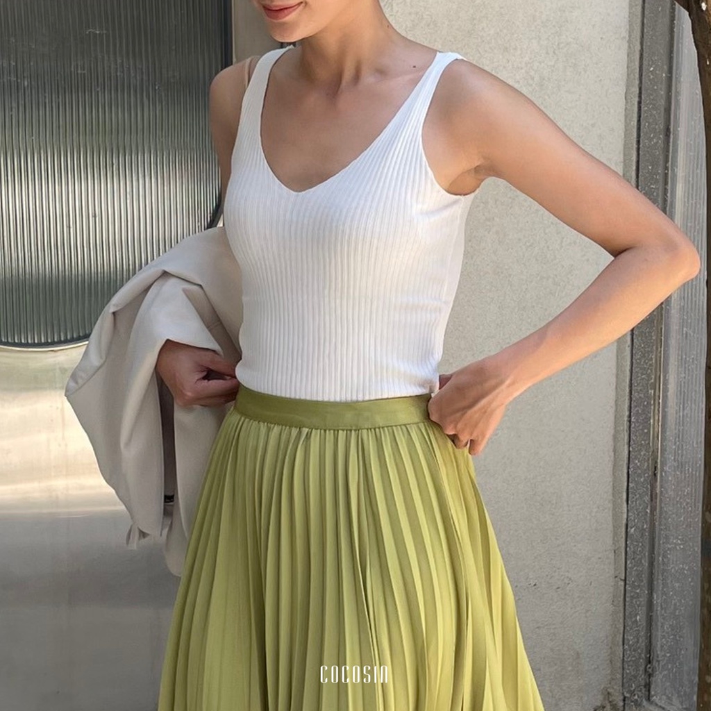 COCO SIN - Váy Midi Xanh Dập Ly