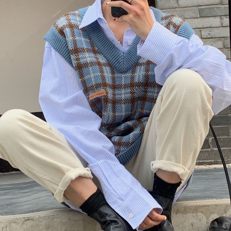 Áo sweater không tay dáng rộng họa tiết sọc caro thời trang phong cách retro