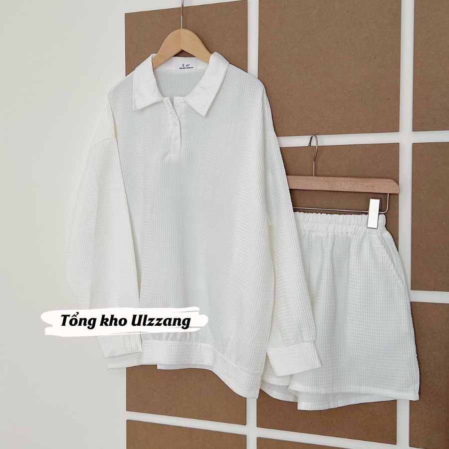 Set cotton tổ ong nữ áo dài tay cổ hai khuy mix quần short kiểu dáng năng động