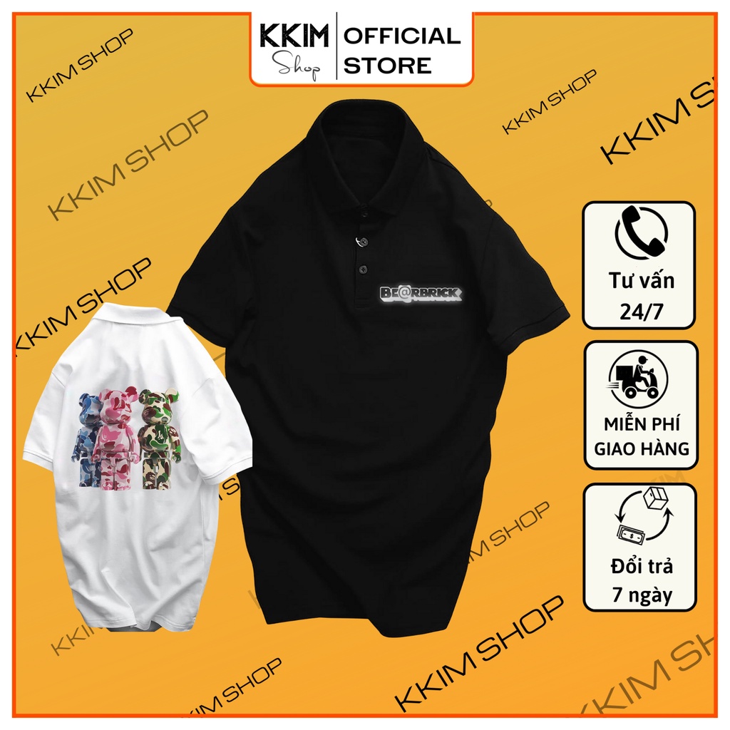 Áo POLO BEARBRICK, Áo có cổ trắng đen, cổ trụ Unisex nam nữ, chất Thun Cá Sấu Poly Thái. KKIM SHOP