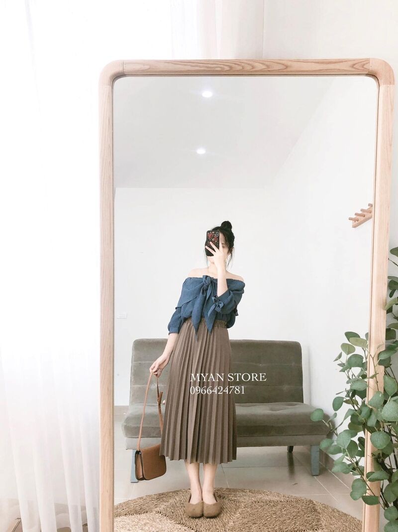 Áo trễ vai nơ trước, tay nơ (2m) AVN032105