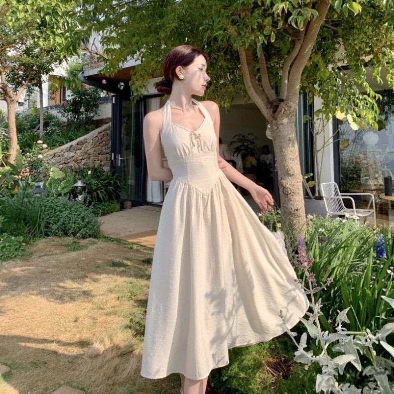 Váy đi biển trắng LUHAZO nữ đẹp maxi 2 dây dài rộng bigsize Hàn Quốc vintage cổ vuông babydoll hở lưng 8516 DK7T101