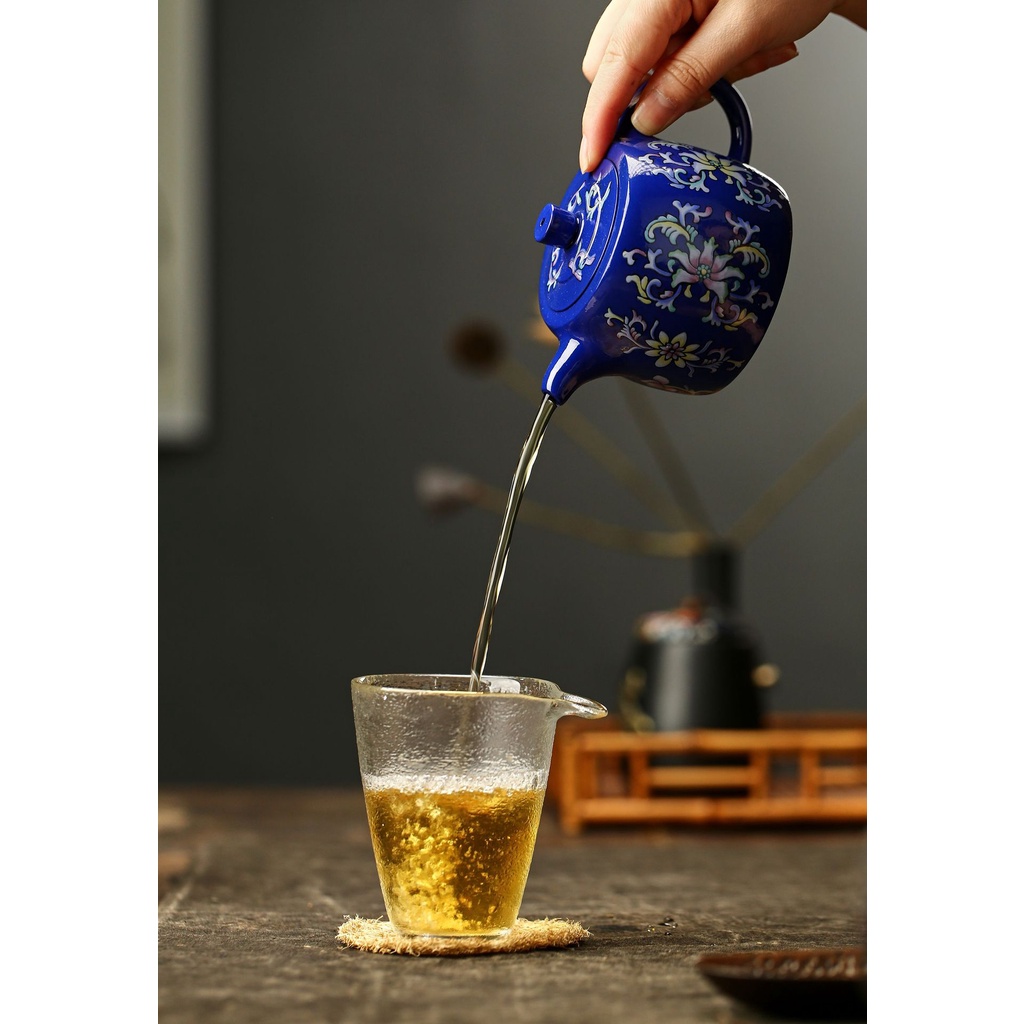 Ấm Tử Sa Nghi Hưng Tỉnh Lan Men Pháp Lam 300 ml (Tử Nê, Lọc Tổ Ong)