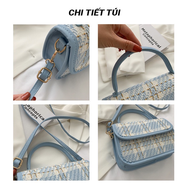 Túi Xách Nữ Vuông Họa Tiết Kẻ Sọc Xu Hướng Thời Trang 2021-Đen/Xanh Dương-Có Quà Tặng