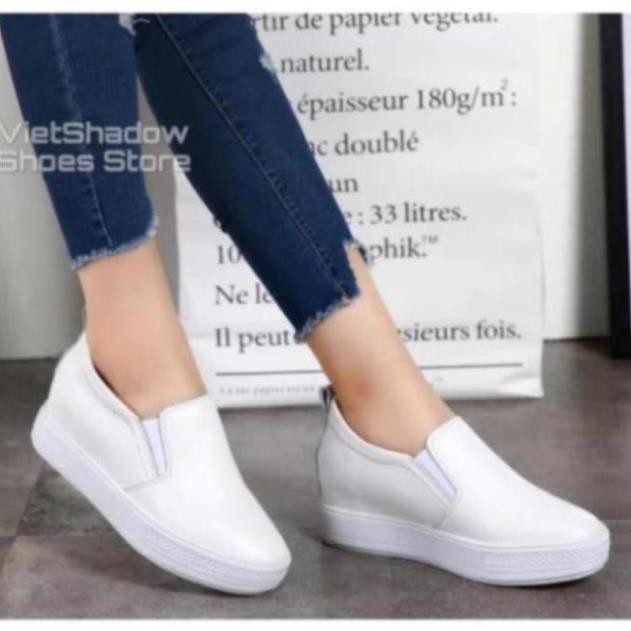 [Sale 3/3]Slip on da nữ đế xuồng - Giày lười da nữ độn đế - Chất liệu da bò màu (trắng) và (đen) - Mã SP: 9909 -pi9