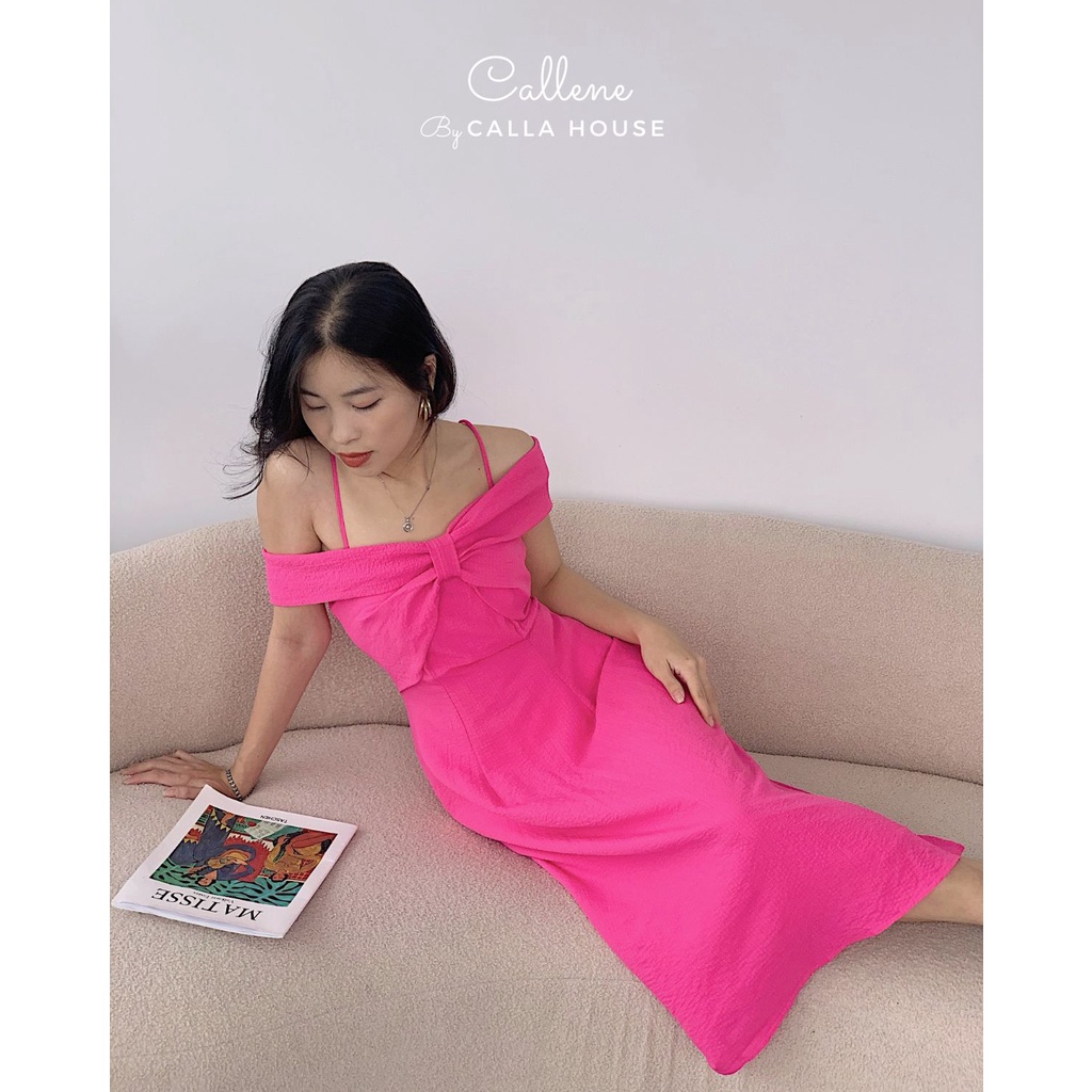 Đầm bẹt vai 2 dây xốp hồng cánh sen Callene