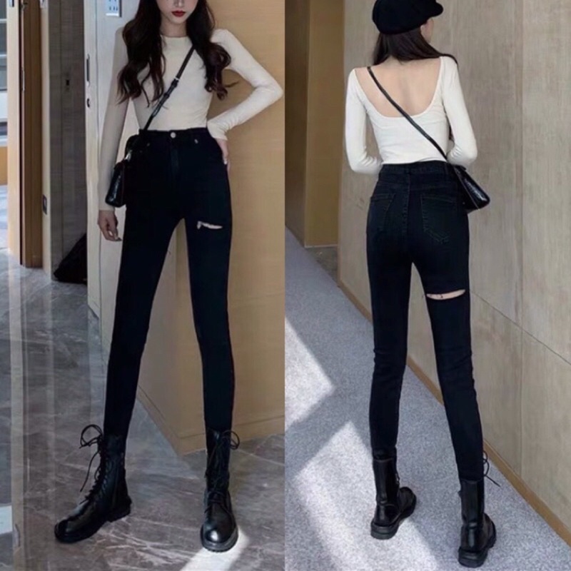 Quần Jean Đen Nữ Lưng Cao Skinny, Jean Dài Đen Lưng Cao Hack Dáng