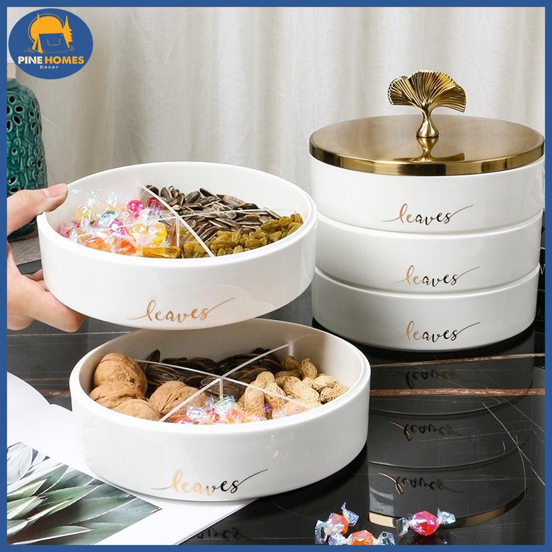 (HÀNG CÓ SẴN) Khay Sứ Đựng Bánh Mứt Kẹo Leaves Có Tay Cầm Hình Lá Độc Đáo