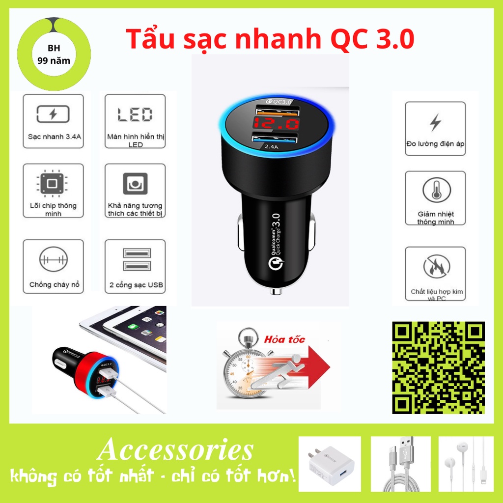 Tẩu sạc nhanh QC 3.0 hai cổng USB dùng trên xe hơi dành cho ĐT Micro USB Type C táo