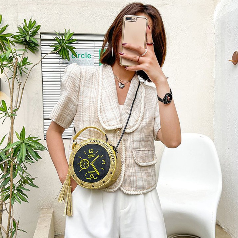 Túi Đeo Chéo Da PU Hình Đồng Hồ Tròn Phối Tua Rua Thời Trang Cho Nữ