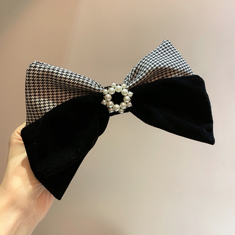 Kẹp Tóc Nơ Vải Nhung Đính Ngọc Trai Phong Cách Vintage