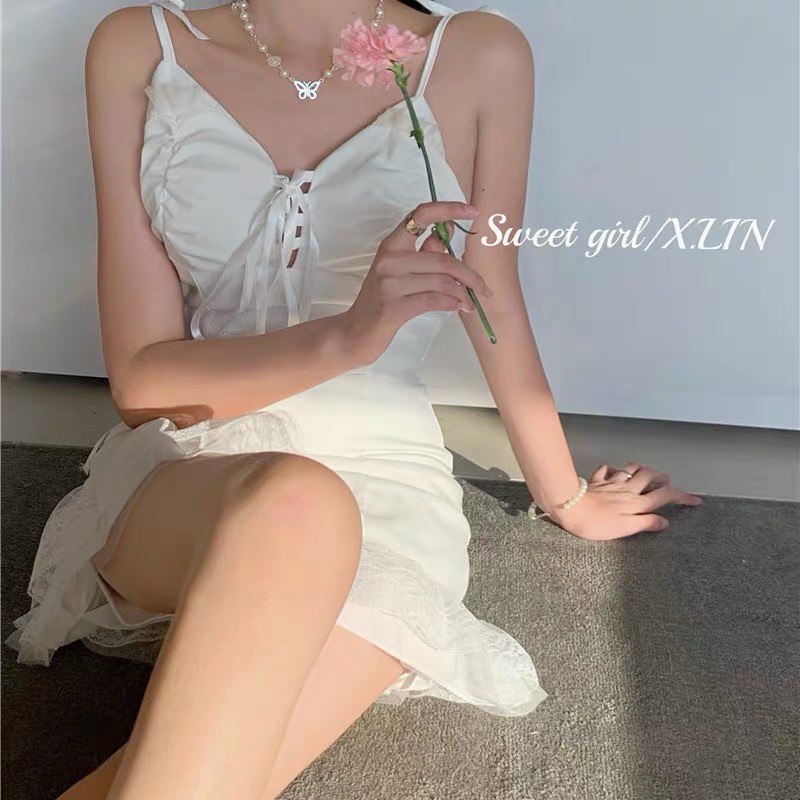 SẴN HÀNG🎀Đầm trắng hai dây ôm body trắng thắt nơ ngực đuôi cá phối ren dễ thương| Váy bánh bèo ulzzang có mút ngực | BigBuy360 - bigbuy360.vn