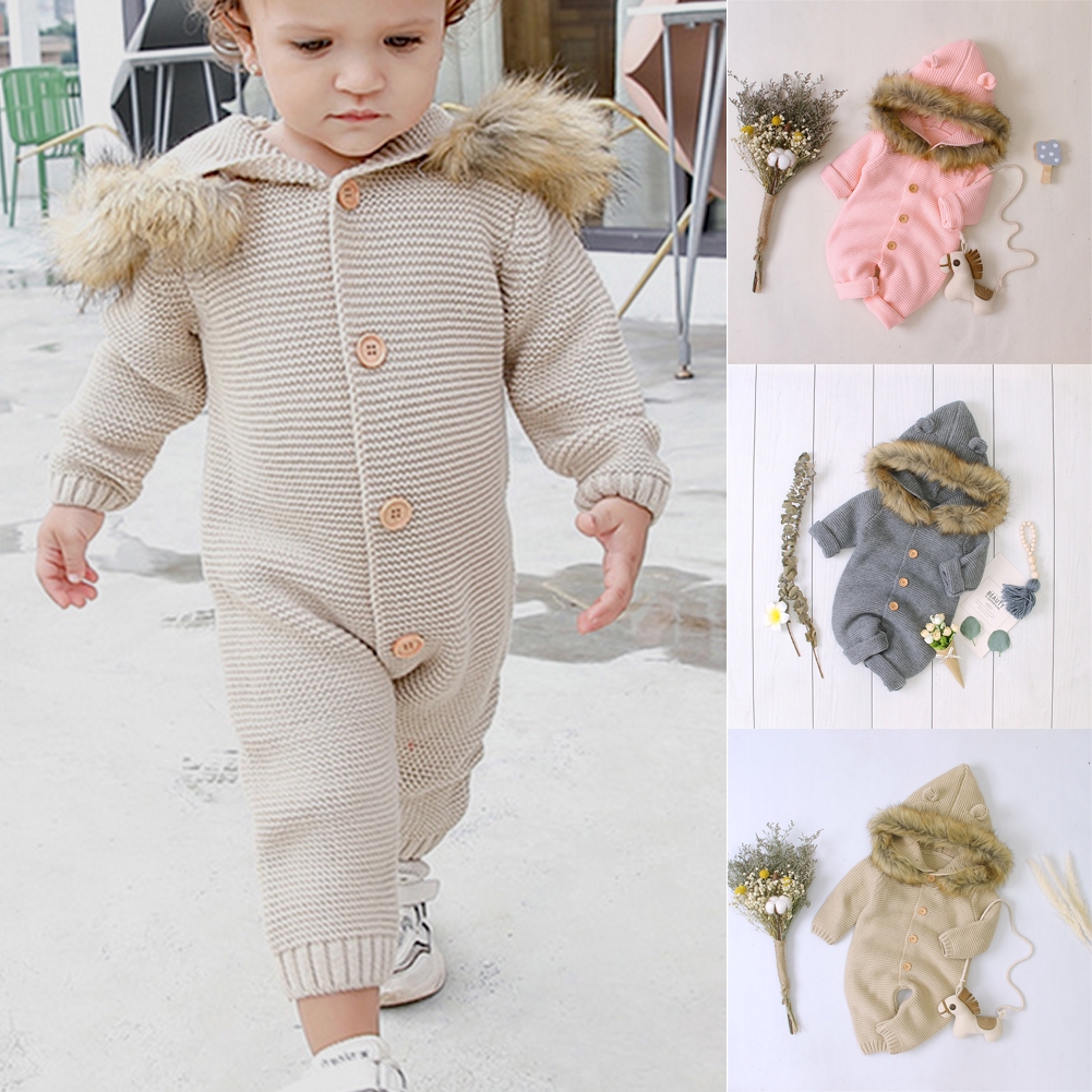 Romper len dài tay có nón trùm đầu có tai 3D xinh xắn dành cho bé