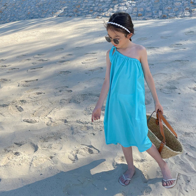 Đầm Hai Dây Trễ Vai Màu Sắc Trơn Thời Trang Mùa Hè Hàn Quốc Cho Bé Gái Se7en