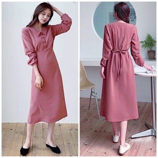Đầm hồng ruốc nút bọc thắt eo