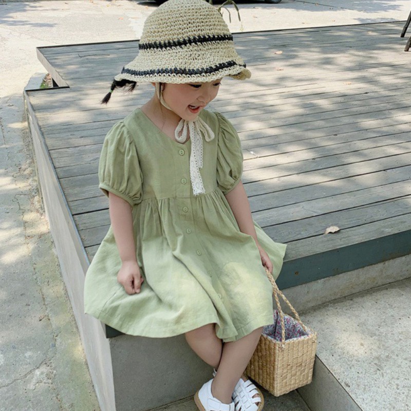 Đầm Cotton Tay Phồng Màu Trơn Cho Bé Gái