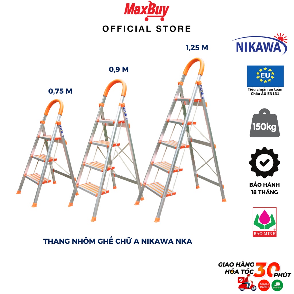 Thang nhôm ghế chữ A có tay vịn xếp gọn đa năng NIKAWA NKA chiều cao 0,75-1,25m bảo hành chính hãng 18 tháng