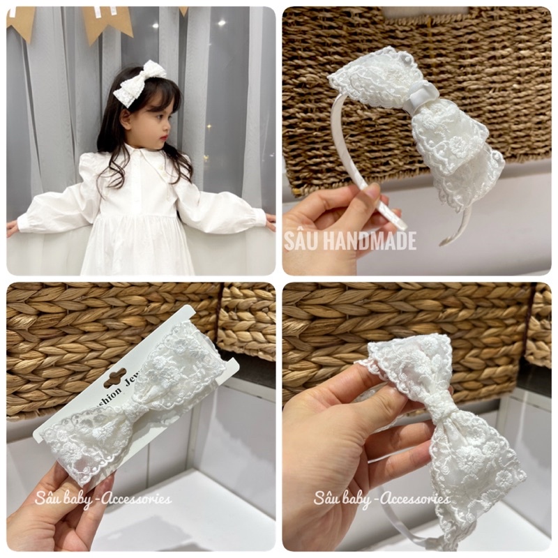 Bờm xước tóc, băng đô hai nơ ren trắng phong cách Hàn Quốc cho bé