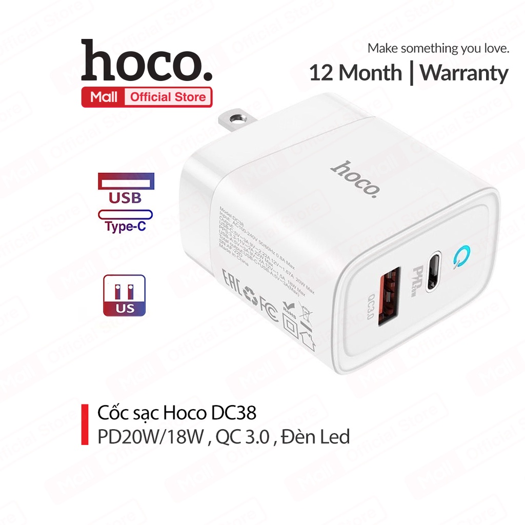 Củ sạc nhanh Hoco DC38 chân dẹt gấp gọn cổng USB/Type-C sạc nhanh PD20W đèn Led báo sạc