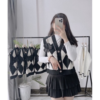 Áo gile len nữ trám đen tang hoa, áo len Hàn Quốc sang chảnh