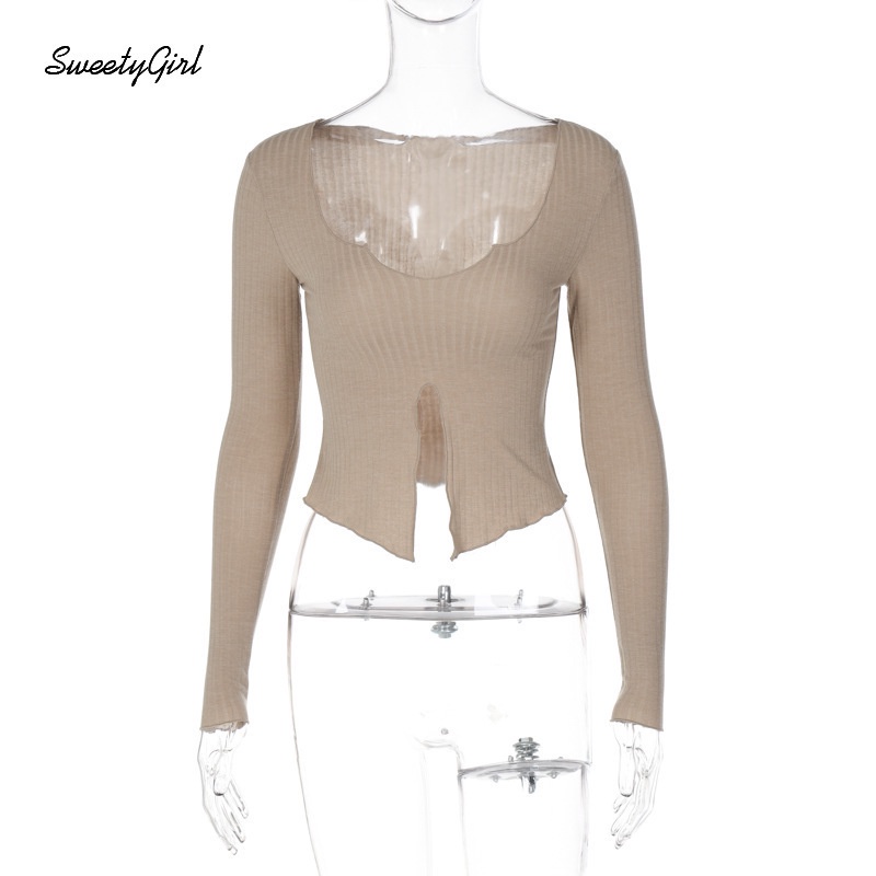 Áo Thun Tay Dài Cổ Tròn Khoét Sâu Eo Thấp Màu Trơn Thời Trang 2022 Quyến Rũ Cho Nữ