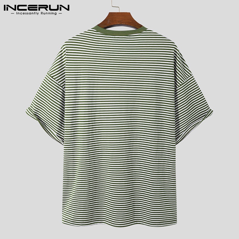 Áo thun Incerun tay lửng dáng rộng họa tiết kẻ sọc trẻ trung thời trang cho nam
