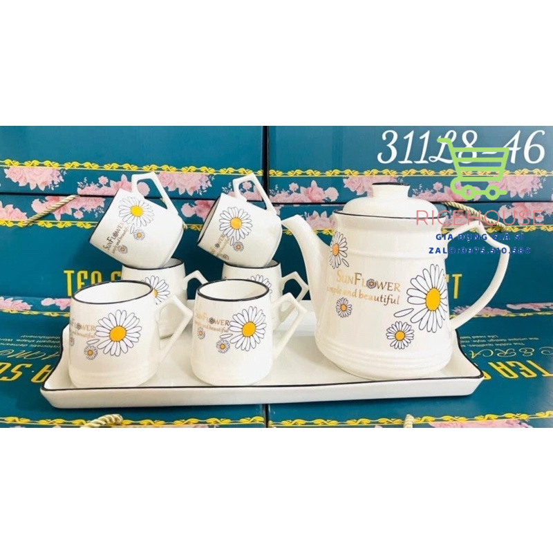 Sét 6 cốc, 1 ấm, 1 khay uống trà siêu đẹp-giao ngẫu nhiên