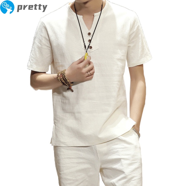 Jazeel Men T-shirt Cotton And Linen Solid Color Cotton V-neck Short-sleeve T-shirt