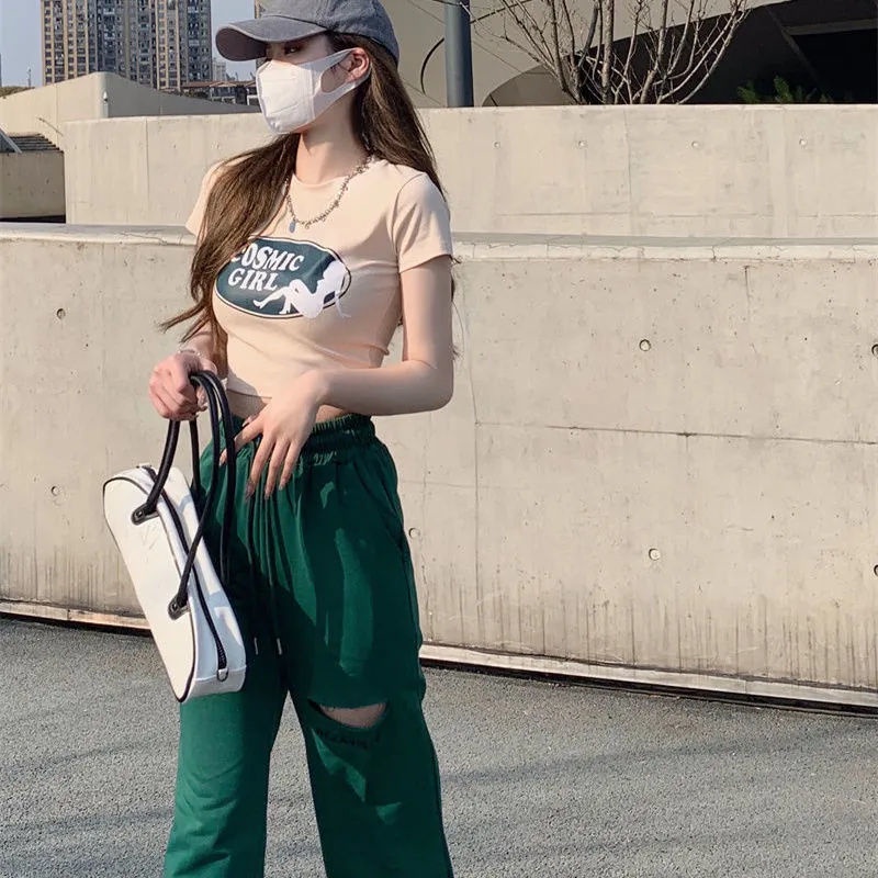 COZOKC COZOK Set Áo thun ngắn tay in họa tiết + quần ống rộng COZOK lưng cao thời trang cho nữ