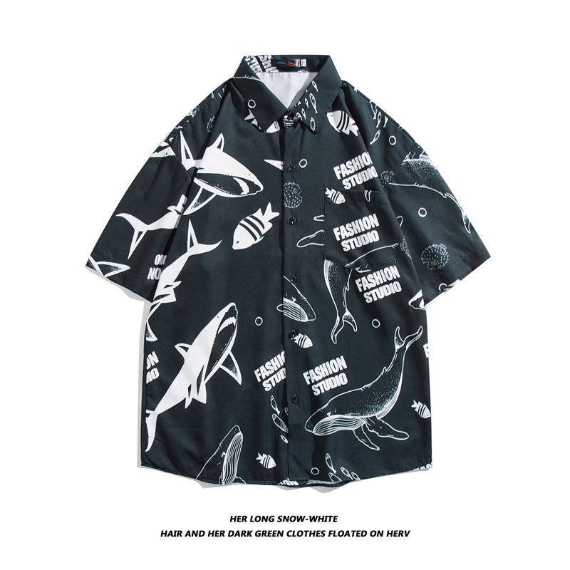 Short Sleeve Shirt With Cartoon Shark Print Korean Style Summer Fashion For Men 2022