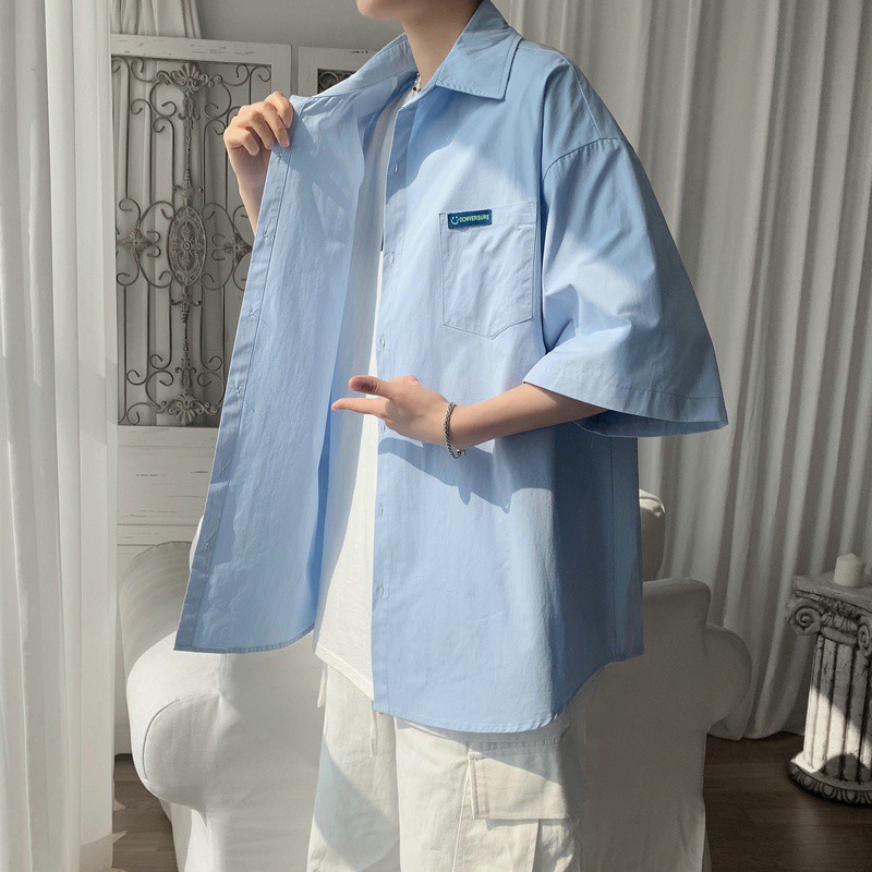 Áo sơ mi tay ngắn dáng rộng thiết kế đơn giản phong cách hồng kông thanh lịch thời trang mùa hè cho nam