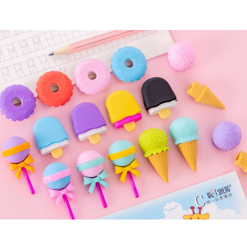 Set 4 Gôm Tẩy 3D Hình Bánh Donut Kem Kẹo Mút Dễ Thương Xinh Xắn Cục Tẩy Họa Tiết Cute Giá Rẻ Học Sinh SR026