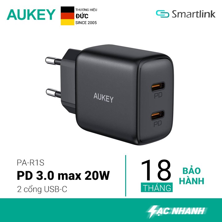 Củ sạc nhanh 2 cổng Aukey PA-R1S 20W chuẩn PD (F series) - Hàng Chính Hãng