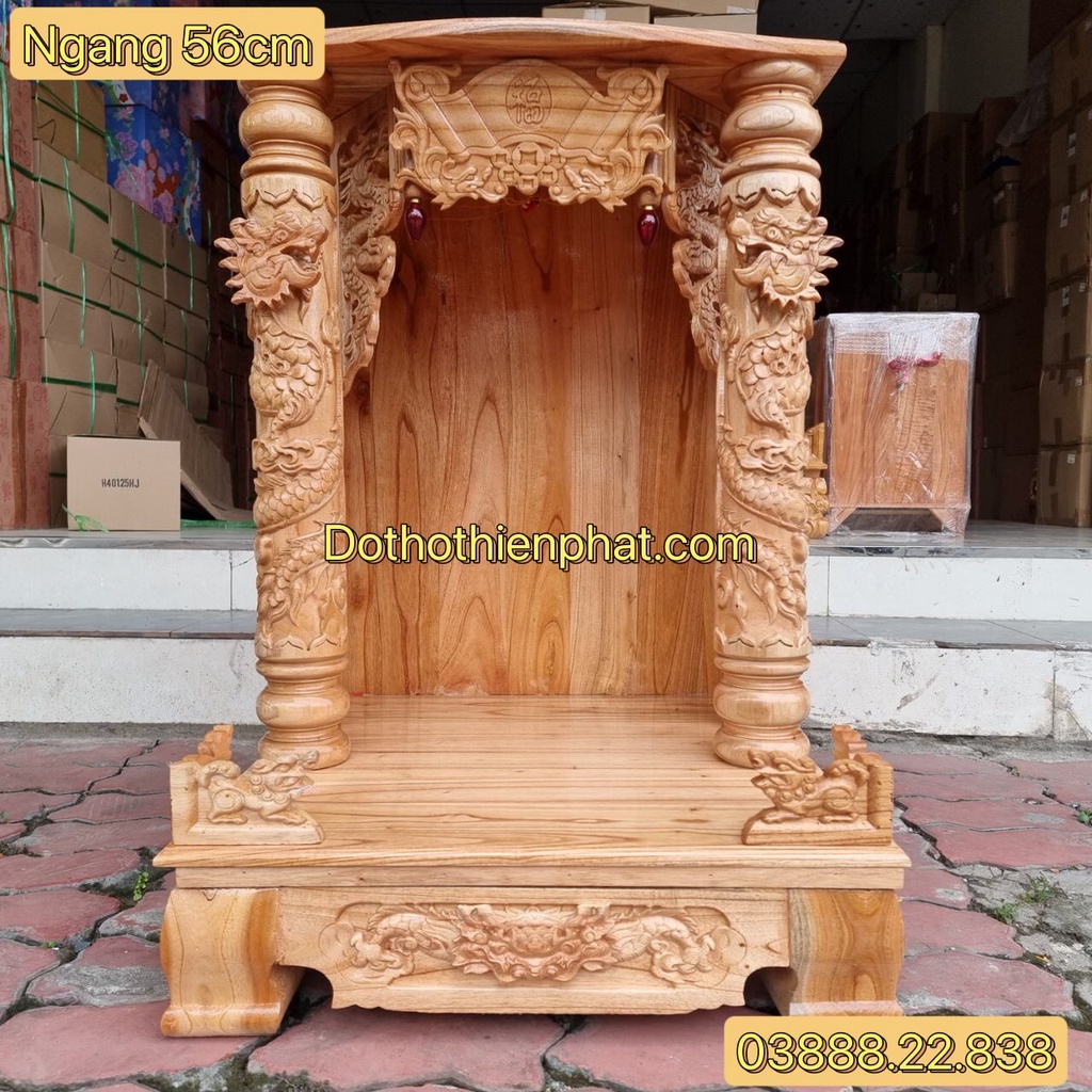 Bàn thờ thần tài ông địa gỗ xoan ngang 56 cm quỳ trụ màu vàng mẫu mới rất đẹp