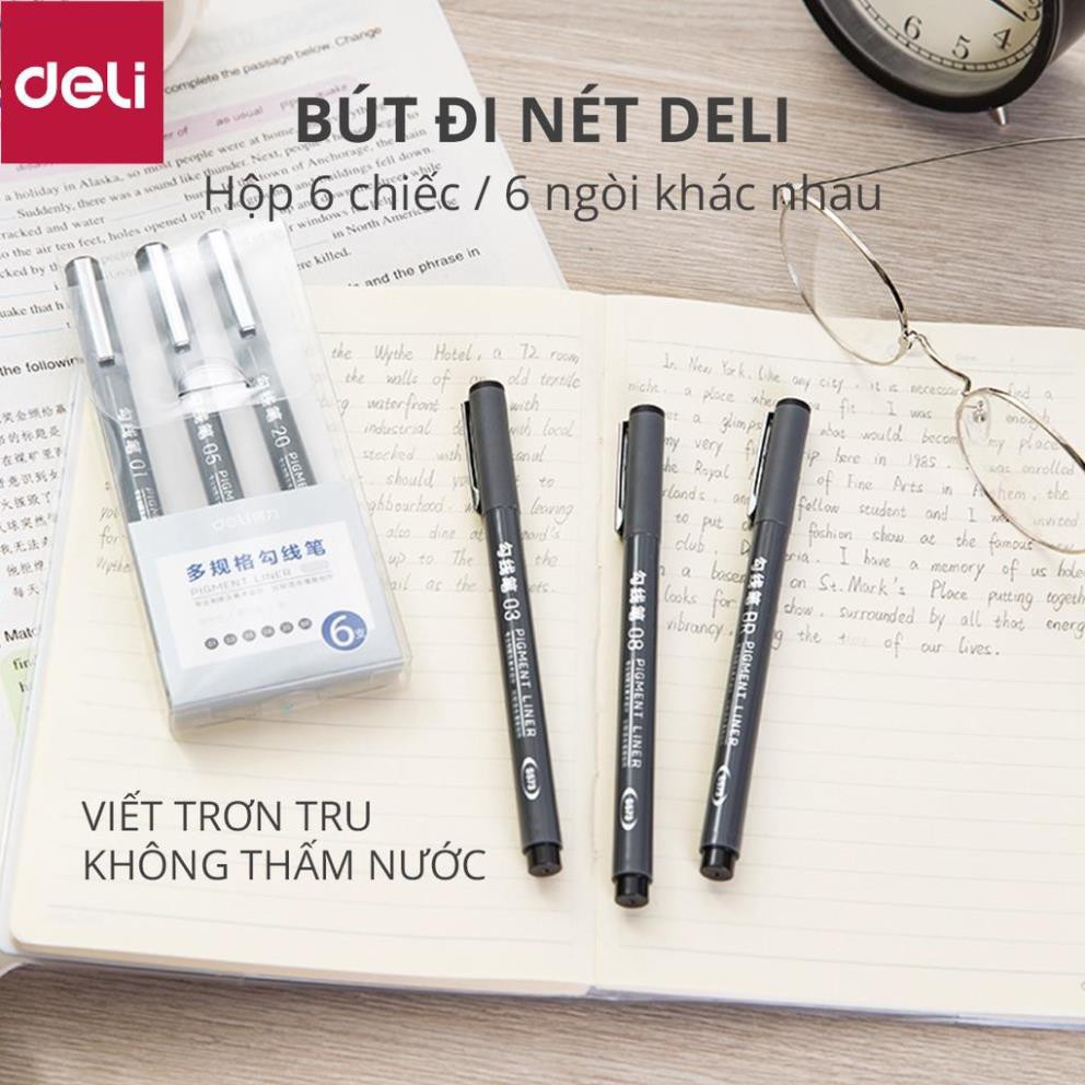 Bút kỹ thuật đi nét nhiều ngòi màu đen Deli - kháng nước - vẽ caligraphy phác thảo - bộ 6 chiếc  - S573 [Deli]