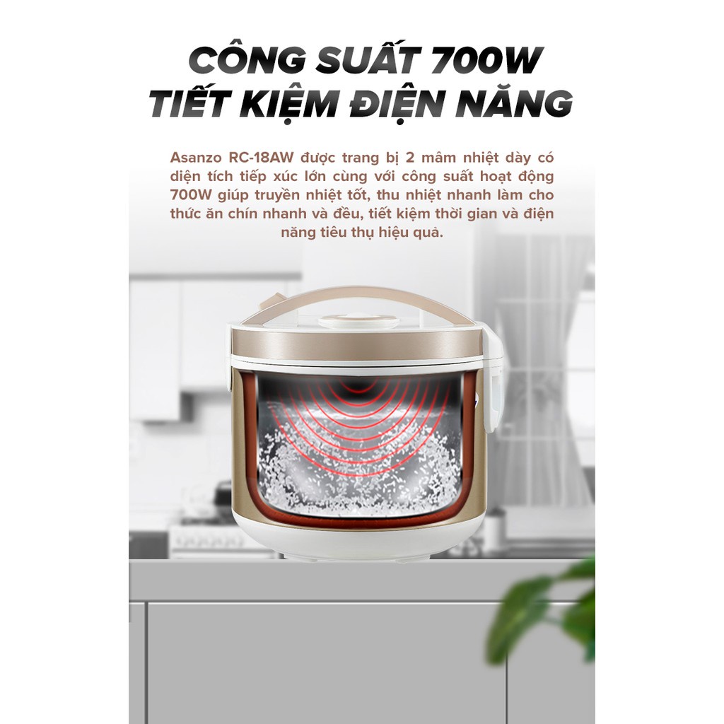 Nồi cơm điện Asanzo nắp gài - 1.8L - RC18AW Hàng Chính Hãng