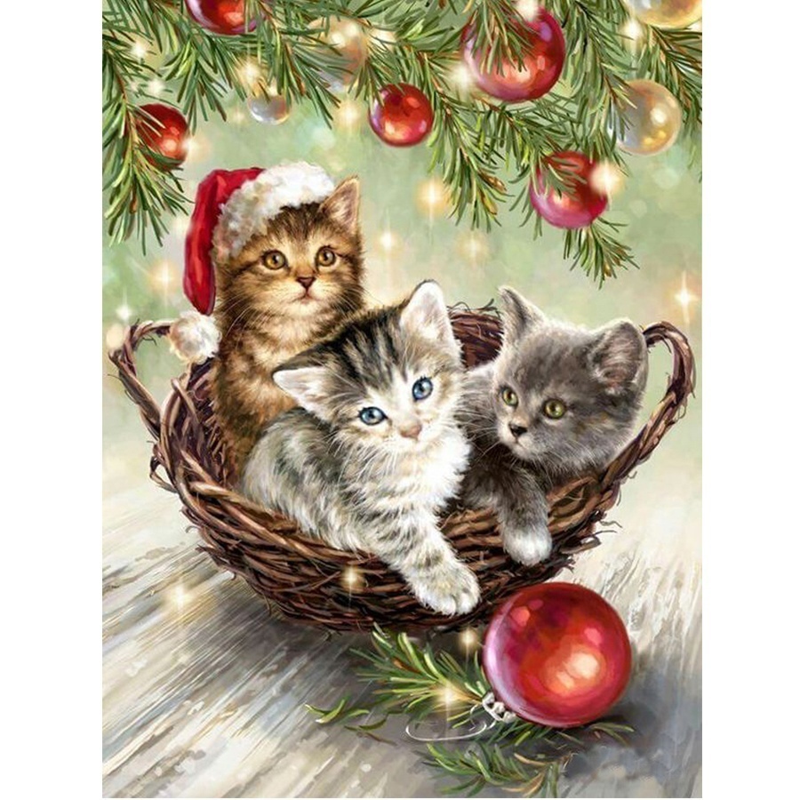 Bộ Tranh Đính Đá 5D Tự Làm 100% DIY Hình Mèo Giáng Sinh